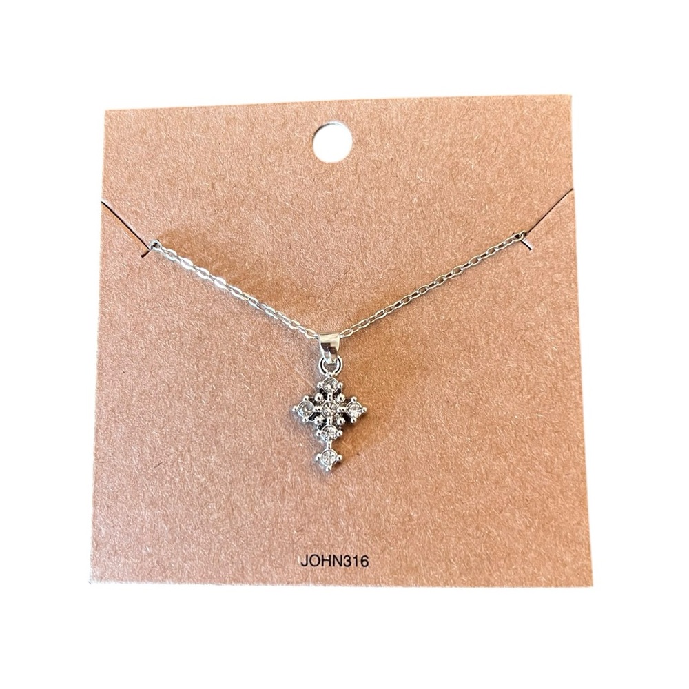 Silver Rhinestone Small Cross 16" Necklace John 3:16 Christian Faith Religious